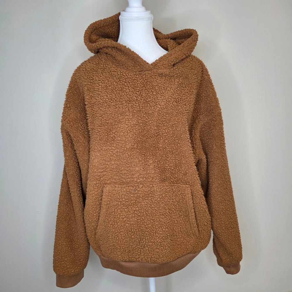 American Eagle Womens Sherpa Hoodie Pullover Brown Teddy Fleece‎ Large